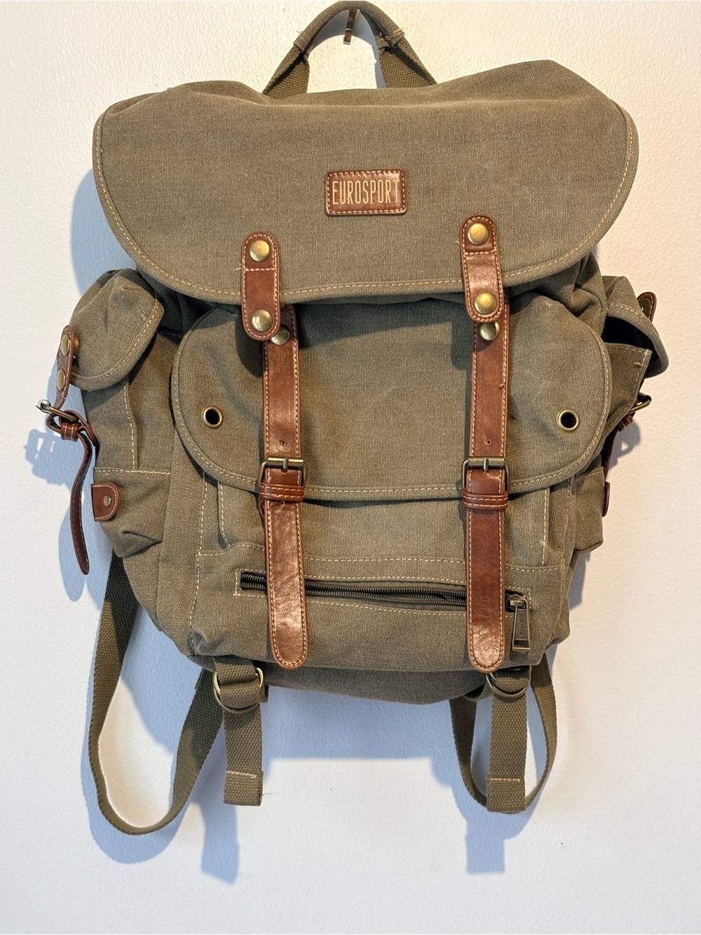 Khaki Canvas Backpack with Brown Leather Trim